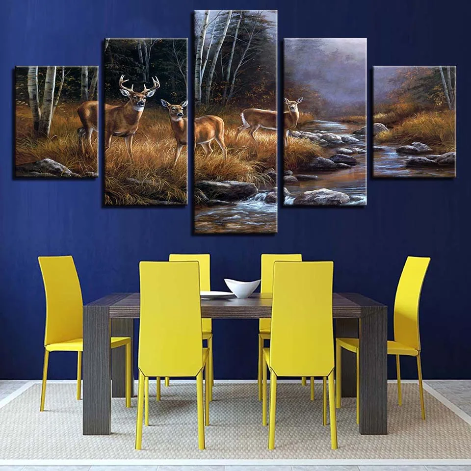 

HD Print Frame Decor Wall Art 5 Pieces Animals Deer Is In The Riverside Picture Modular Forest Night View Poster Canvas Painting