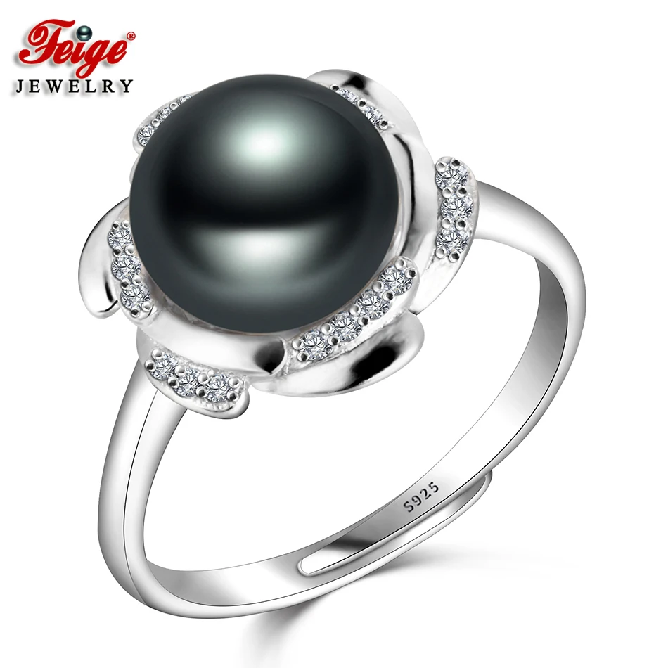 

FEIGE High Quality Pearl Rings 925 Sterling Silver Flower Gemstone Ring for Women 9-10MM Black Freshwater Pearl Jewelry Gift