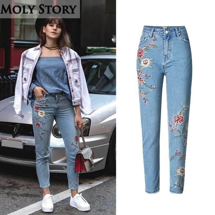

2017 New Fashion Ligh Blue 3D Flower Embroidery Jeans Women High Waist Casual Loose Ladies Jeans Plus Size Denim Pants