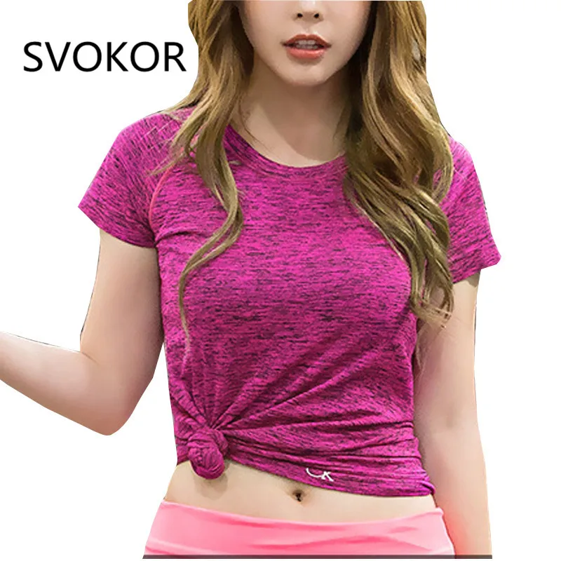 

SVOKOR Women T-shirt Solid Color T-shirt Fashion Workout Qick-Dry Tops Polyester O-Neck Short Sleeves Slim Elastic Tees Female
