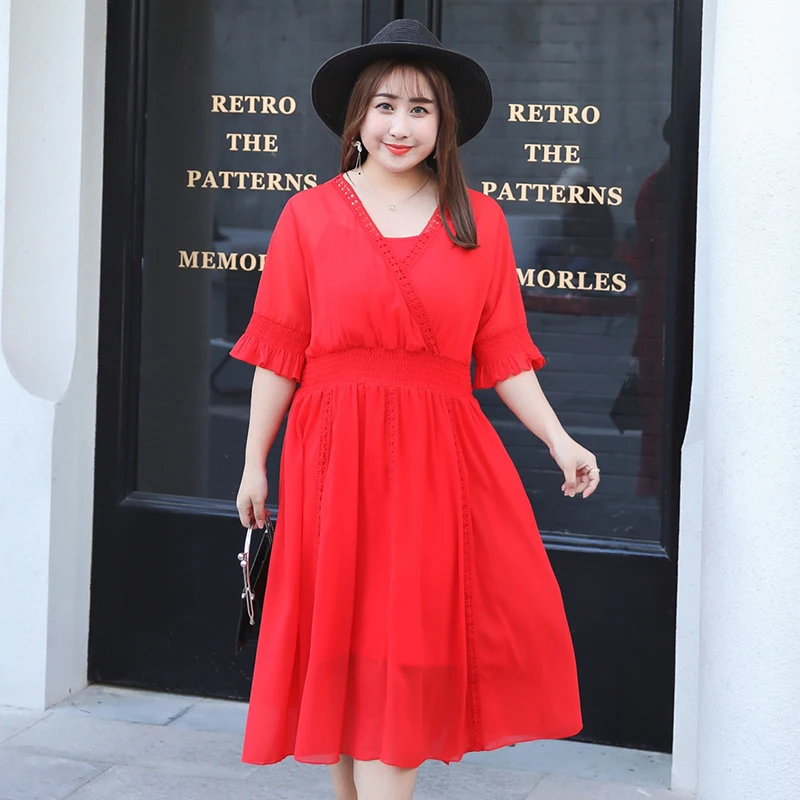 

MINSUNDA Plus Size Ruffle Contrast Lace Fit and Flare Dress Summer Frill Trim Sleeve V Neck Dress Women Elegant A Line Dress
