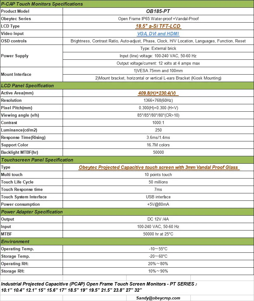 Obeytec 18,5 дюймов ЖК-дисплей емкостный открытая рамка сенсорный экран монитор, PCAP сенсорный, мульти 10 точек, 16:9, IP65 антивандальный, 1366*768