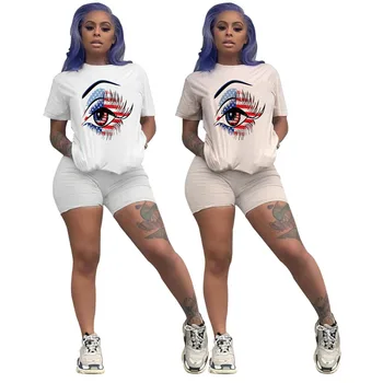 

2019 new women set summer sporting two piece set american flag printing lip eye short sleeve tee top shorts suit tracksuit
