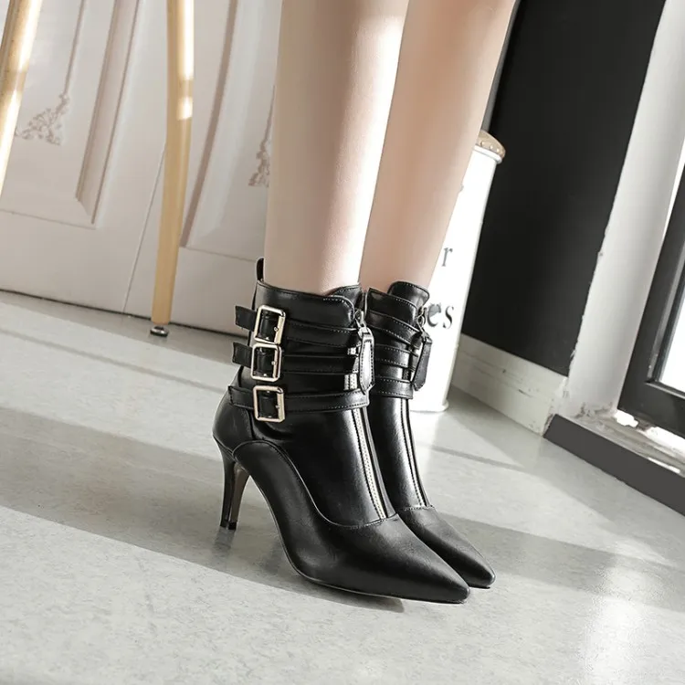 

Big Size 11 12 13 Ma'am Fine heel Short boots Pure color Buckles Fashion boot barrel High heel boots