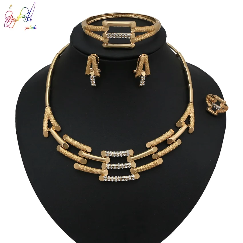 Yulaili роскошный филиал кубический циркон ожерелье серьги набор Африканский нигерийский Свадебный набор украшений для женщин Дубай Свадебные украшения - Окраска металла: Gold