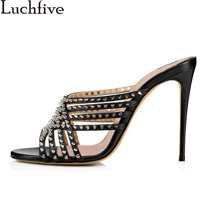 

Studded Rivets Belts Cut Outs Women Slippers Thin High Heeled Open Toe Sexy Shoes Woman Black Slides Summer Zapatos De Mujer