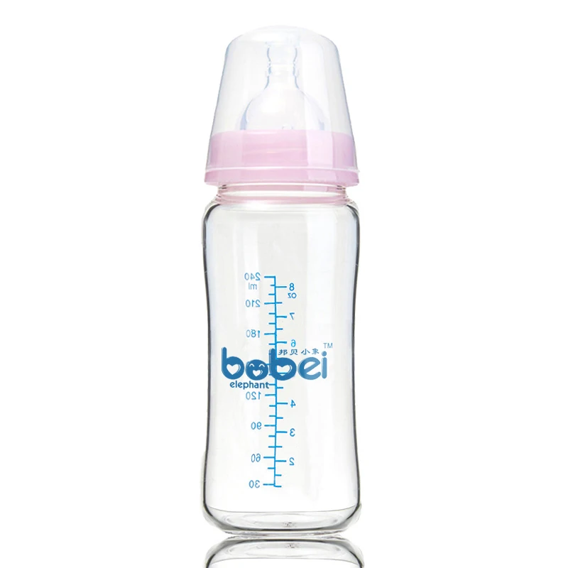 240 мл для новорожденных детей вода, сок, молоко стеклянная бутылочка с широким горлышком с силиконовым соском, защита от пыли - Цвет: BG1304pink