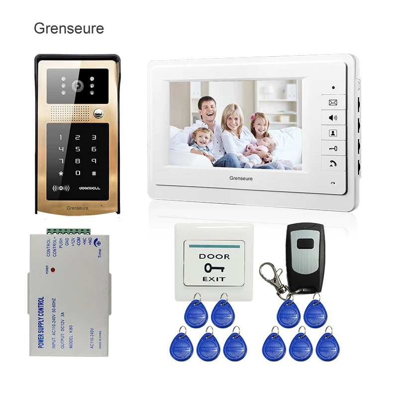 

FREE SHIPPING 7" LCD Video Intercom Door Phone System White Screen + Wateproof RFID Code Keypad Access Doorbell Camera + Remote