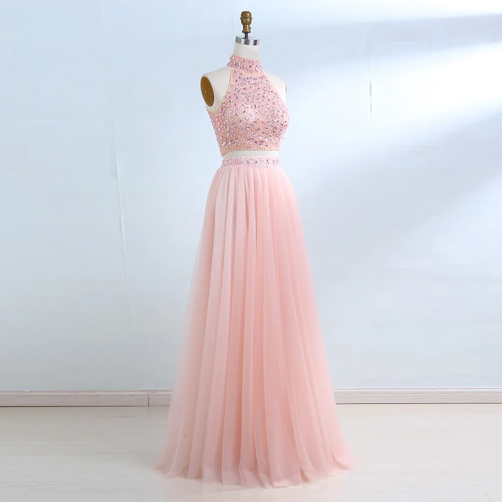BeryLove розовый Двойка вечернее платье с высоким воротником украшенное бусинами длинное фатиновое торжественное платья в пол, со стразами из бисера нарядные платья для девочек