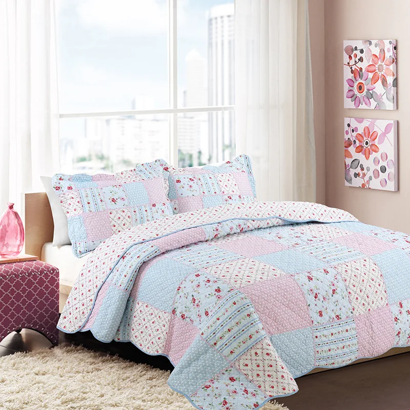 CHAUSUB Floral Bedspread Quilt Set 3pcs Handmade Patchwork Quilts Cotton Coverlets 4pcs Quilted Bedding Pillowcase King Size