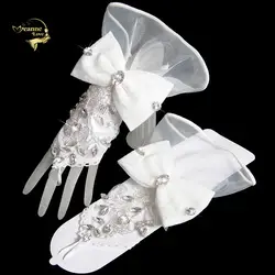 Кристалл кружево Свадебные Прихватки для мангала лук Элегантный Тюль женские белые свадебные перчатки цвета слоновой кости перчатки без