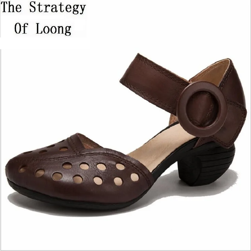 

2019 New Summer Genuine Leather Women Sandals Buckle Ankle-Wrap Velcro Hollow Out Strange Heels Ladies Gladiator Shoes 20190725