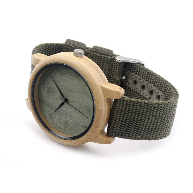 BOBO BIRD V-D12 Mens Bamboo Wooden Watches Green Wood Dial Bamboo Case Quartz Wristwatch with Nylon Strap in Gift Box