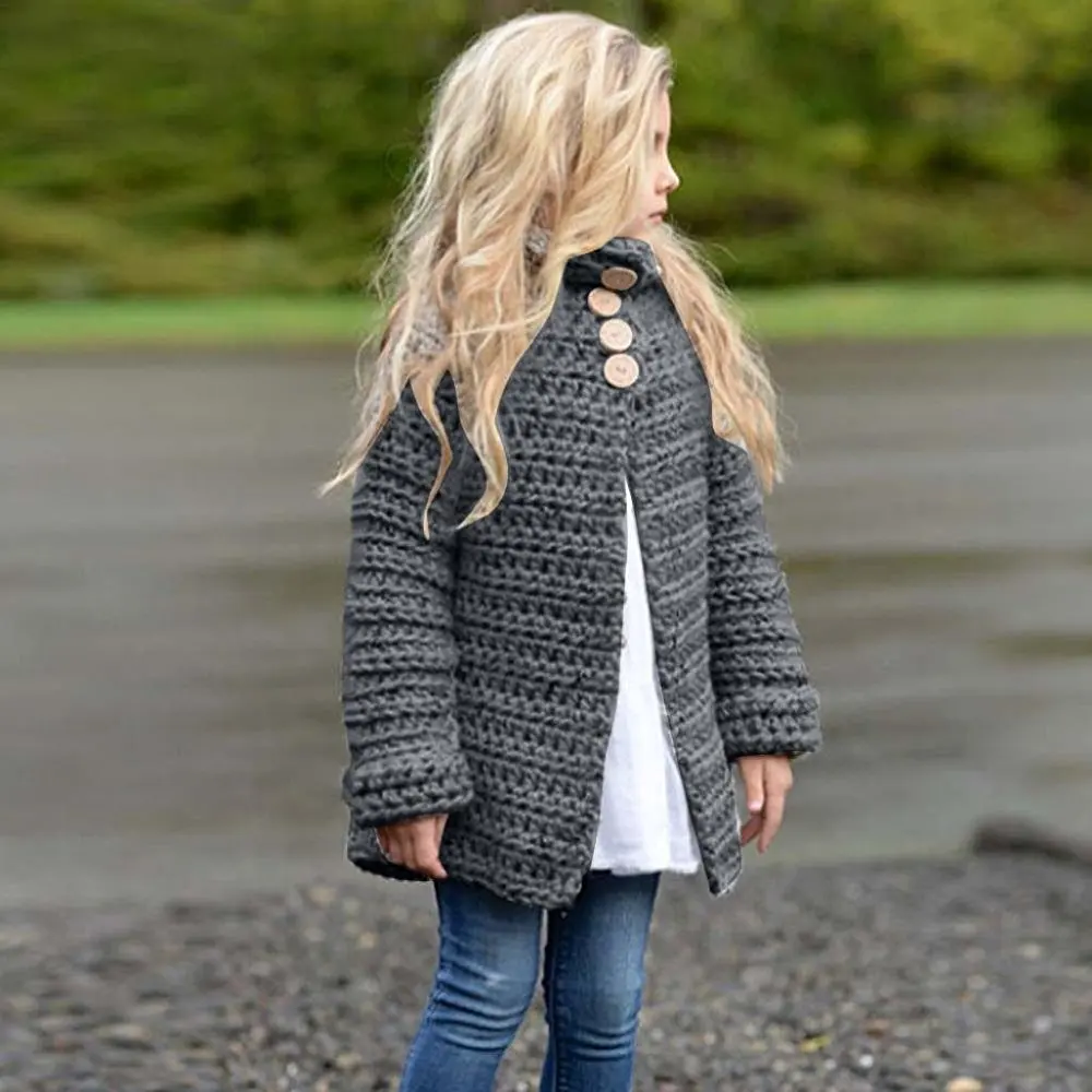 Осенне-зимняя одежда для маленьких девочек, однотонный вязаный свитер с длинными рукавами на пуговицах, кардиган, плащ, пальто