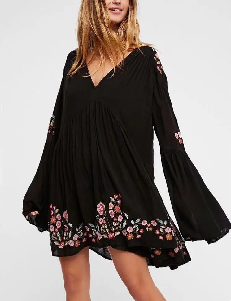 Buy 2018 spring new embroidery mini dress women's V