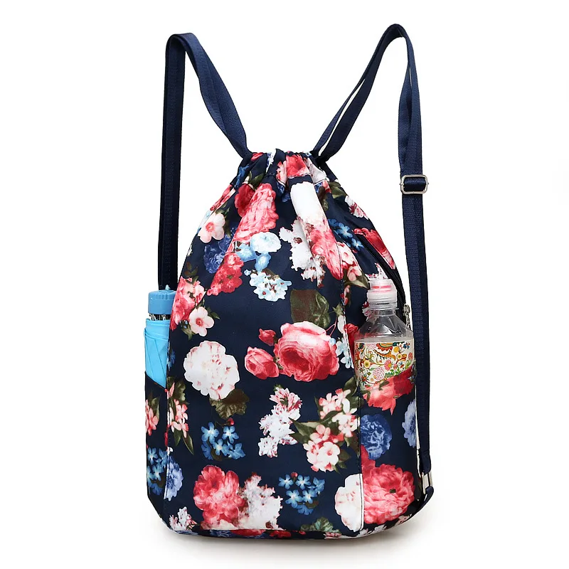 

High quality nylon waterproof Drawstring Backpacks Women floral printing soft string shoulder pack shoes bag Beach Bags large