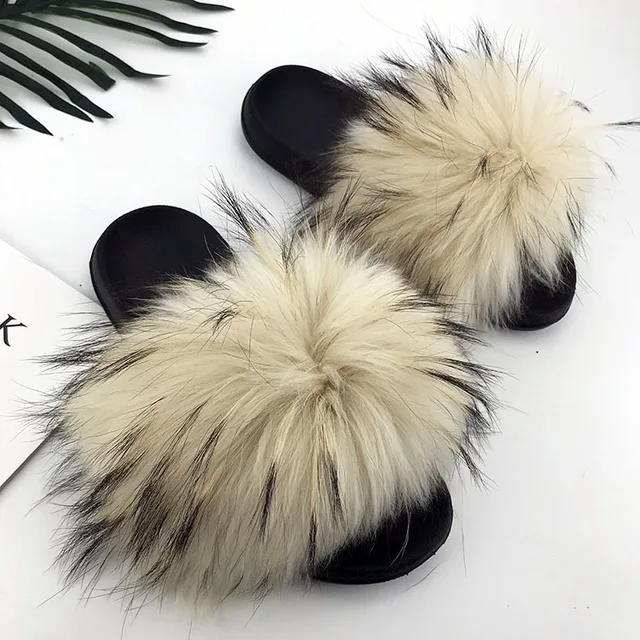 28 Colors Real Fur Slippers Women Fox Fluffy Sliders Comfort with Feathers Summer Flats Sweet Ladies Shoes
