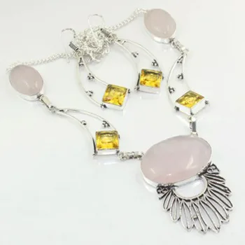 

Rose Quarts & Citrines Necklace + Ering Silver Overlay over Copper , 52.8cm, N3690
