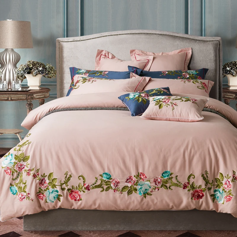 

Luxury Egypt Cotton Sanding Flowers Blooms Bedding Set Embroidery Warm Duvet Cover Bed Sheet Pillowcase Queen King Size 4/6/7Pcs