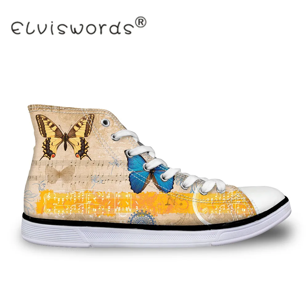 

ELVISWORDS Musical Note Prints Women High Top Vulcanize Shoes Spring Lady Sneakers for Teenager Girls Canvas Flats Shoes Zapatos