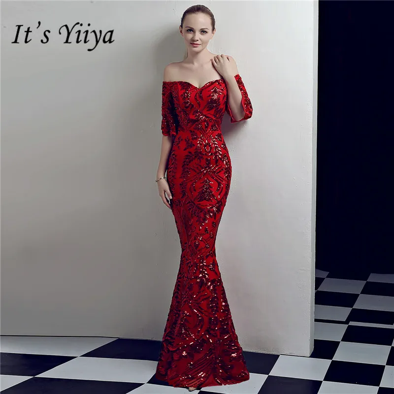 

It's Yiiya Mermaid evening dress Floor-length Short sleeve Elegant Boat neck long Porm gown Fashion Trumpet Party dresses C066