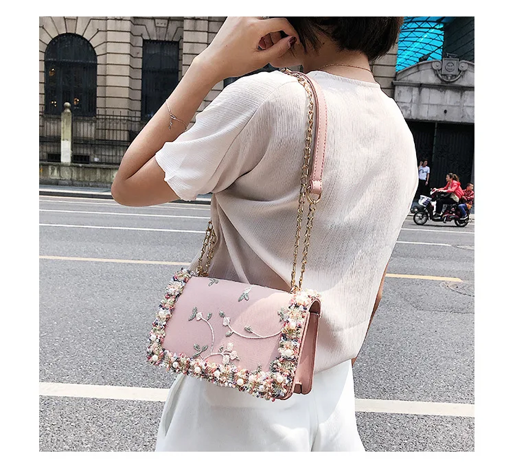 Новая сумка с кружевными цветами женская сумка высокого качества из искусственной кожи Милая квадратная сумка для девушек сумка через плечо с цветами и жемчужной цепочкой