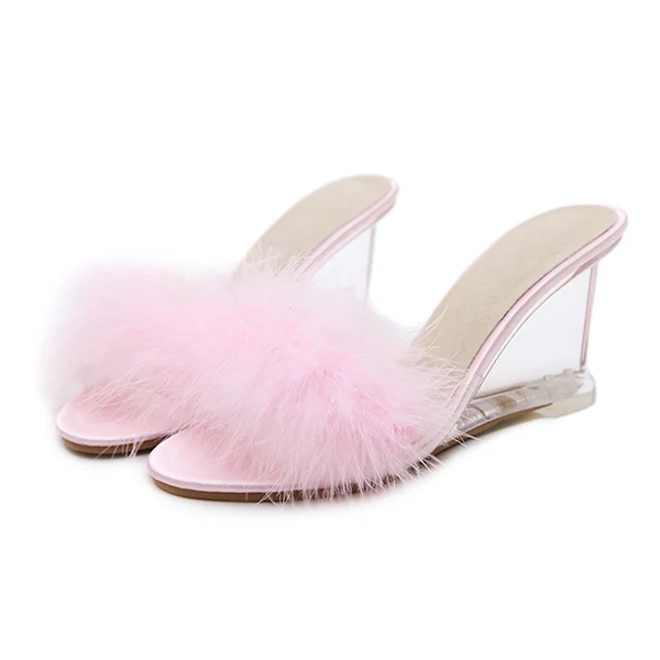 Женские шлепанцы обувь на меху летние женские босоножки на высоком каблуке прозрачные туфли без задника на танкетке брендовая Свадебная обувь размера плюс - Цвет: Pink Slippers