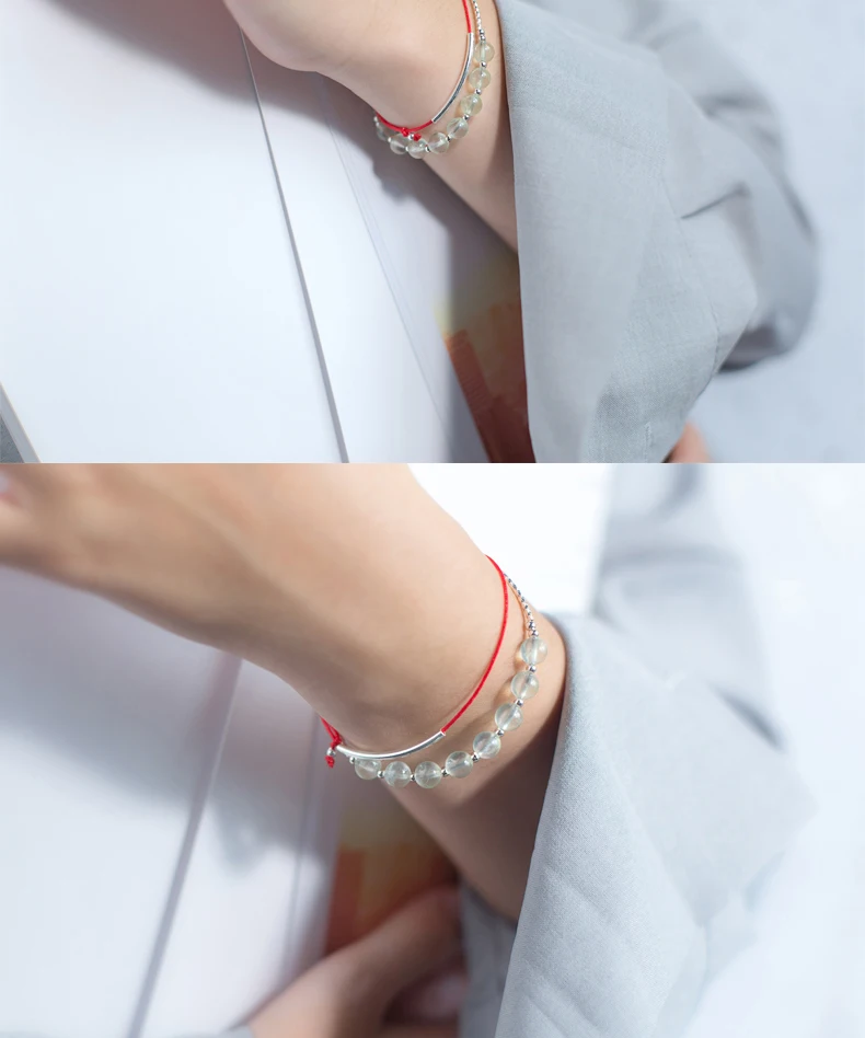 LINDAJOUX браслет черный/красный нить 925 пробы серебро Длинная подвеска в виде трубочки браслет для женщин Регулируемая длина