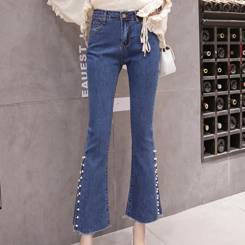 Джинсы женская мода Высокая Талия расклешенные джинсы женские весенние Бисер Разделение ботильоны-Длина штаны корейские узкие Mujer