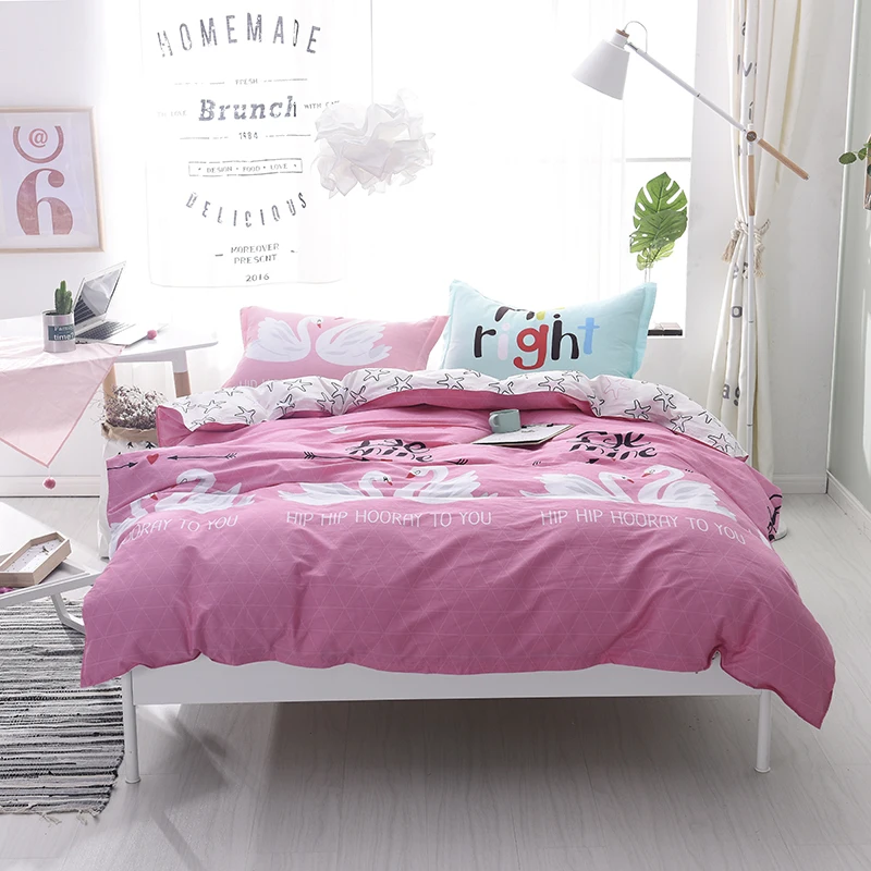 

Fashion red white swan pattern cartoon cotton bedding sets 4pcs Duvet Cover Stars flat sheet pillowcase girls gift bedclothes
