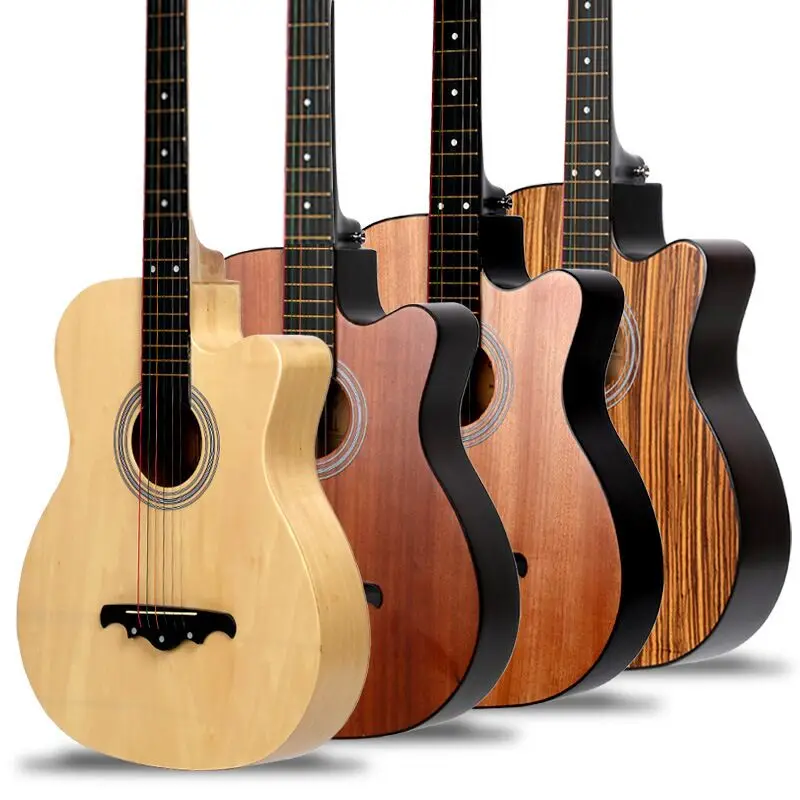 

38" Acoustic Guitar 38 inch 6-String Folk Guitar Basewood Mahogany Zebra Wood Guitarra Tuner Strap for Beginners AGT18