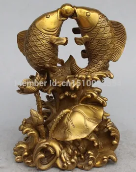 

YM 308 9" Chinese Bronze Double 2 Jumper Fish Fishes Ball On Lotus Flower Sculpture