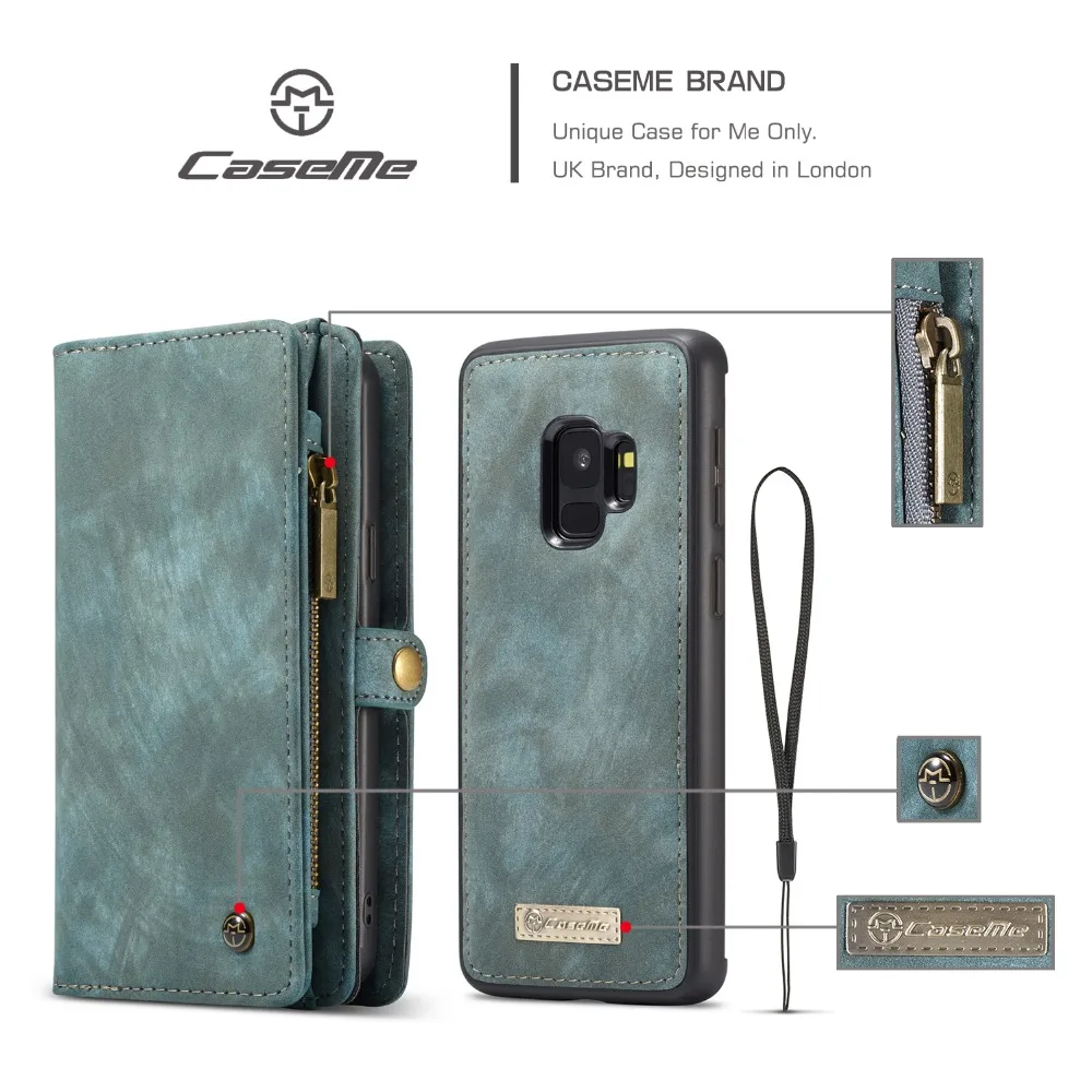 CASEME для Samsung Galaxy S9 Plus чехол-кошелек спилок сумка на молнии мульти слот Съемный