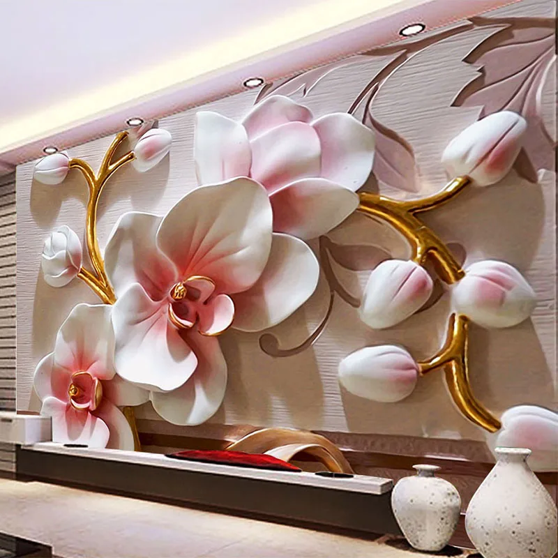 Relevo Orquídea Flores Papel de Parede Personalizado Qualquer Tamanho Mural Foto Papéis de Parede Sala de Estar tv Sofá de Fundo Home Decor 3d em