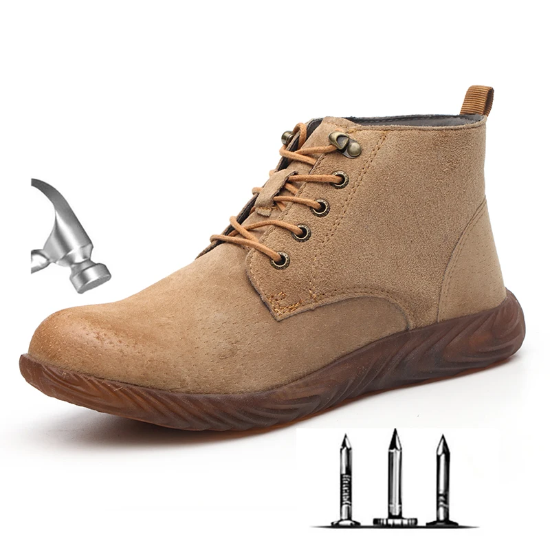 Tanie Męskie buty wysokiej góry oddychające zamszowe ze stali Toe Anti Smash ochronna buty robocze buty męskie odporne na przebicie buty ochronne