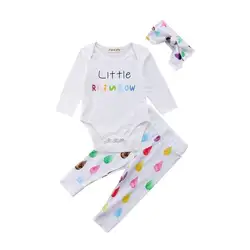 Для новорожденных для маленьких девочек хлопковые боди с длинными рукавами Топы Красочные капли воды брюк повязка с бантом комплект