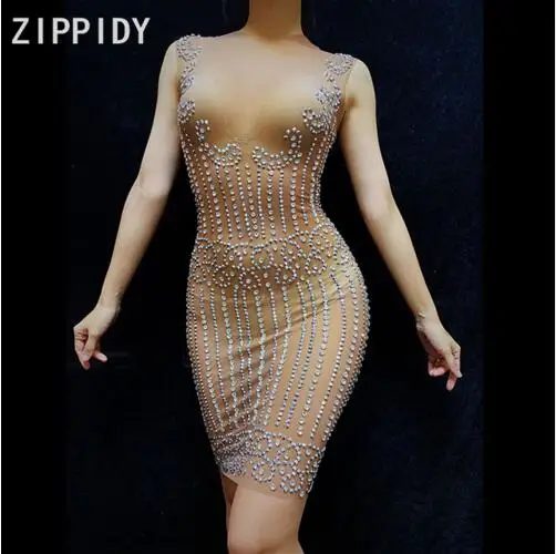 

Fashion Sparkly Silver Rhinestones Sleeveless Mesh See Through Nightclub Singer Dance Costume Women's Birthday Party Dress