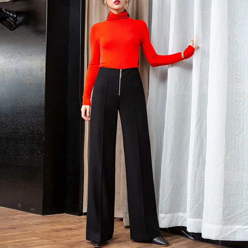 

Black Woolen Wide Leg Pants Female Autumn and Winter 2018 New High Waist Pendant Loose Straight Long Pants Thickening Streetwear