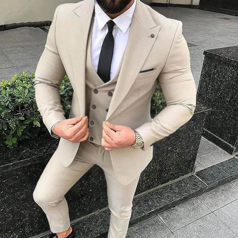 

Custom Made Beige Men Suits for Wedding Slim Fit Groom Tuxedo Blazer Jacket 3Piece Latest Coat Pant Designs Costume Homme Ternos