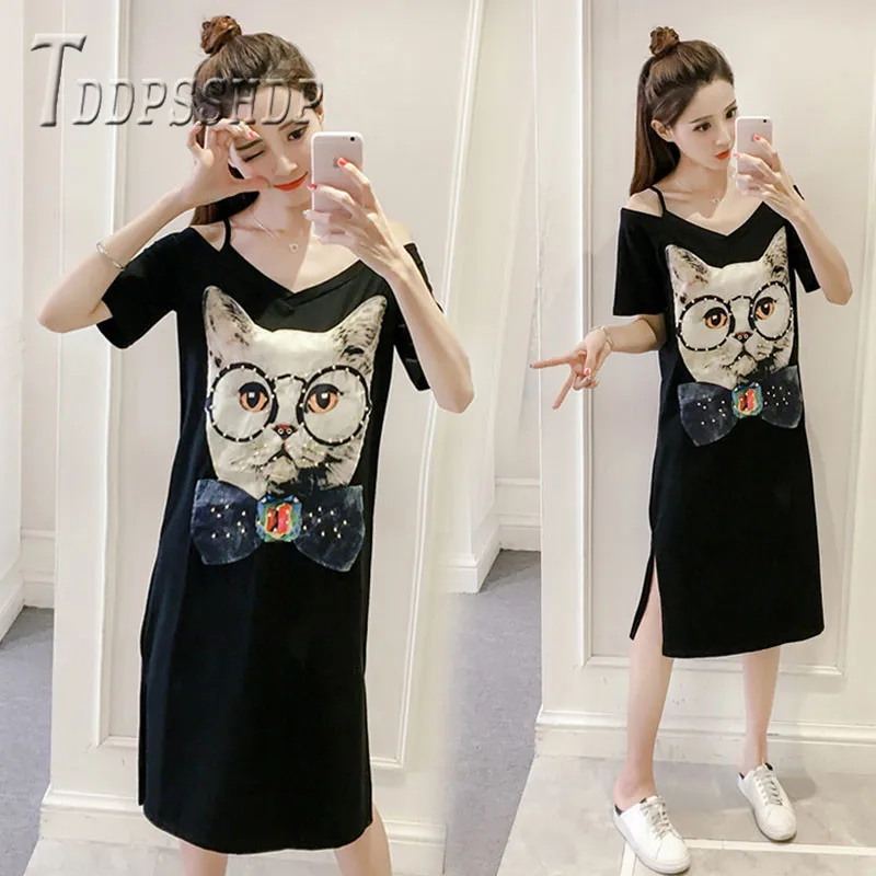 

2019 Summer Plus Size Expose Shoulder Women Dress Mr Cat with Glasses Printing Female Dresses