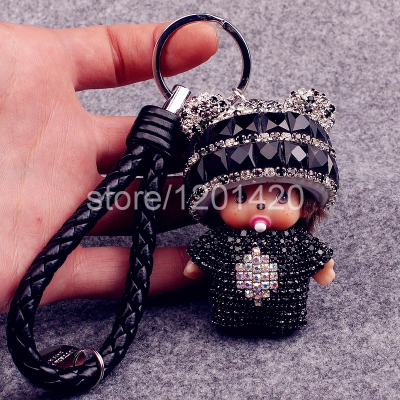 Monchichi doll keychain black rhinestone sparkly monchhichi leather