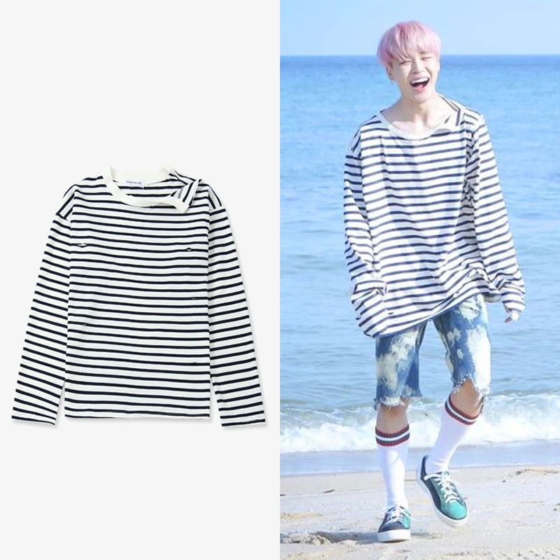  New kpop Bangtan Boys JIMIN Same Irregular Neckline Stripe Sweatershirt Pullover Hoodie Long Sleeve