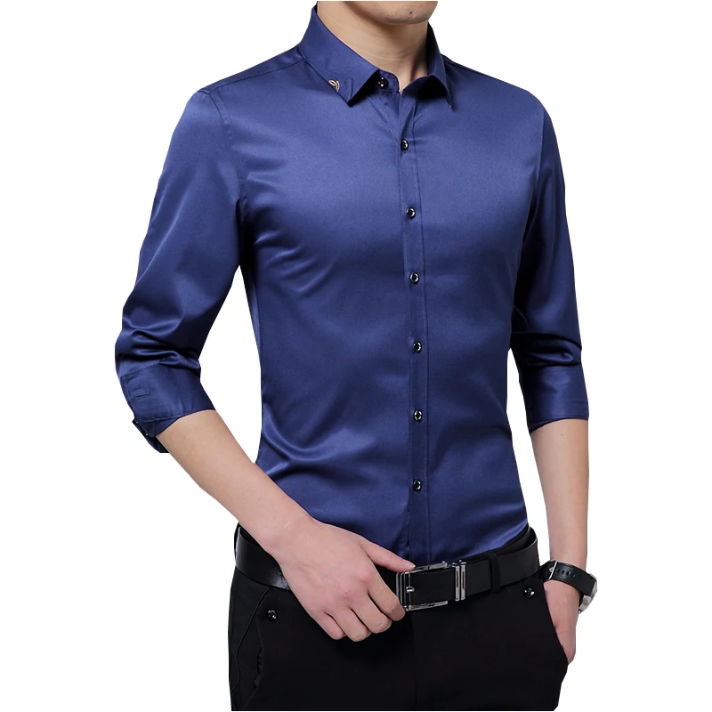Male Dress Shirt Fashion Smooth Cloth Solid Color Formal Men Shirt