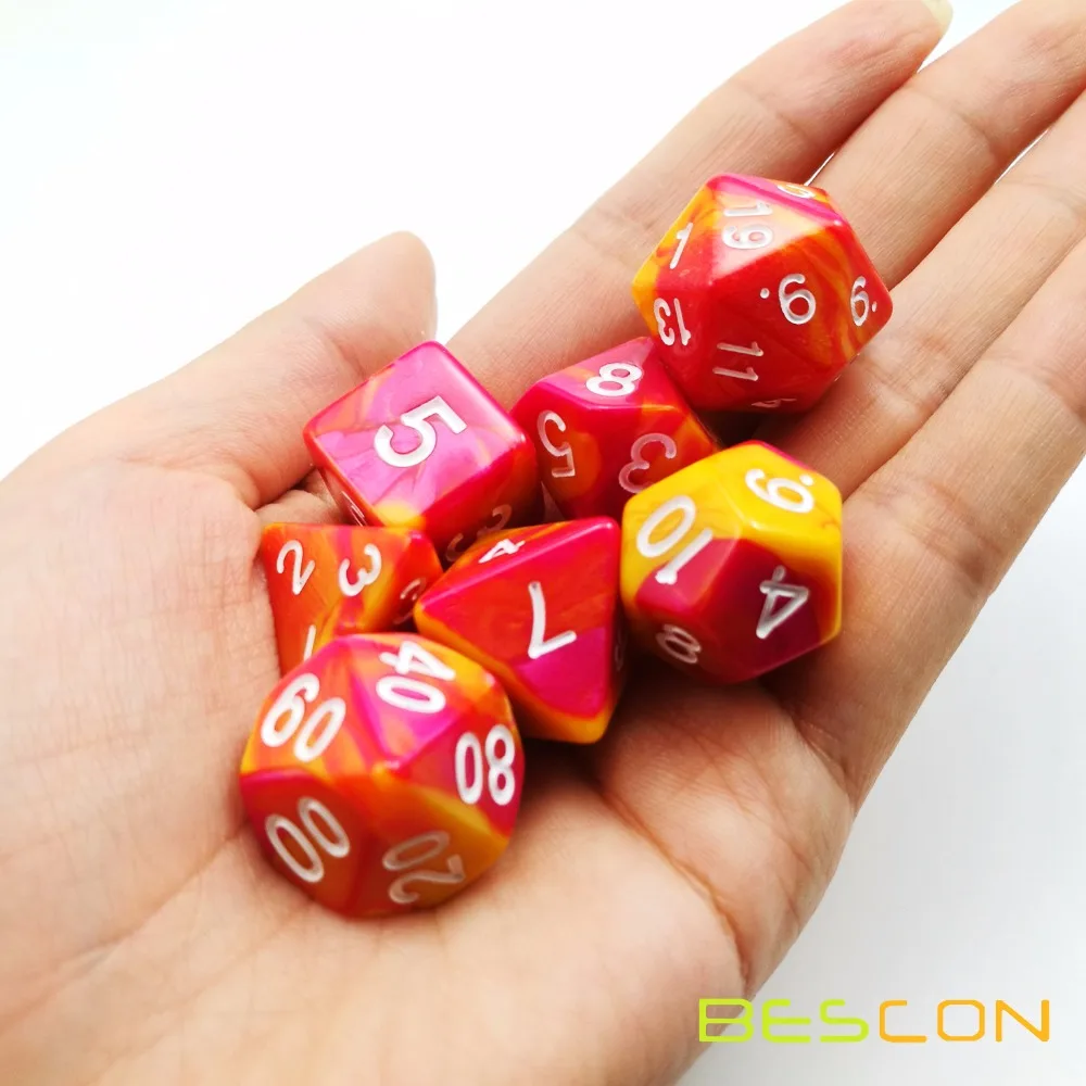 Bescon Gemini многогранные кости набор Sunglow, два тона ролевые игры в кости Набор из 7 d4 d6 d8 d10 d12 d20 d% коробка в форме лего-блока пакет