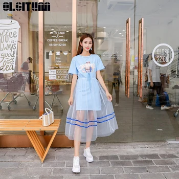

OLGITUM Female Summer 2020 New Korean Version Printed T-shirt Isuper Fire Mesh Dress Fashion two-piece Women's Suit Dress WS169