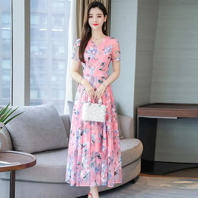 

DSstyles Women Summer Short Sleeve Flower Pattern Casual Long Dress