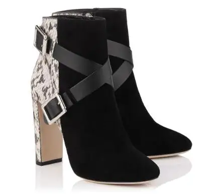 

Spring and autumn new woman cross-tied high heel ankle boots Ladies snake skin pattern chunky heel short boots fashion boots