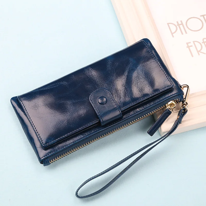 Best Quality! Women Oil Wax Genuine Cowhide Leather Long Zipper Wallet Lady Fashion Clutch Purse Bag With Strap 7 colors 2153