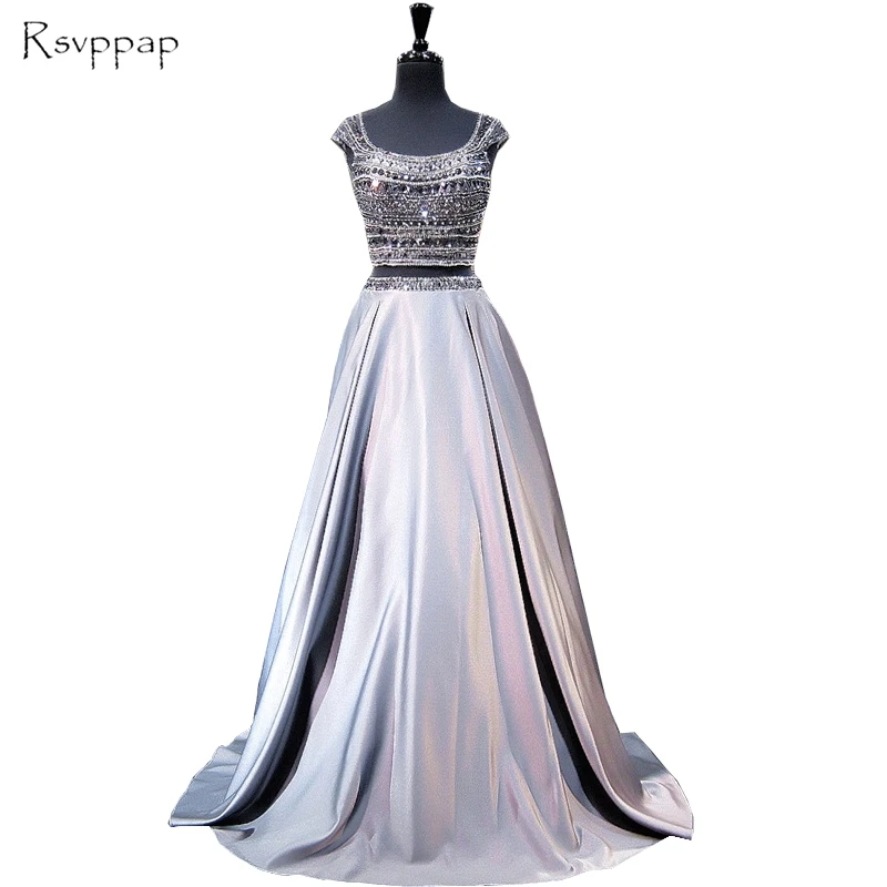

Long Prom Dress 2020 Sparkly A-line Cap Sleeve Stunning Beaded Crystals Floor Length Grey Backless Two Piece Prom Dresses