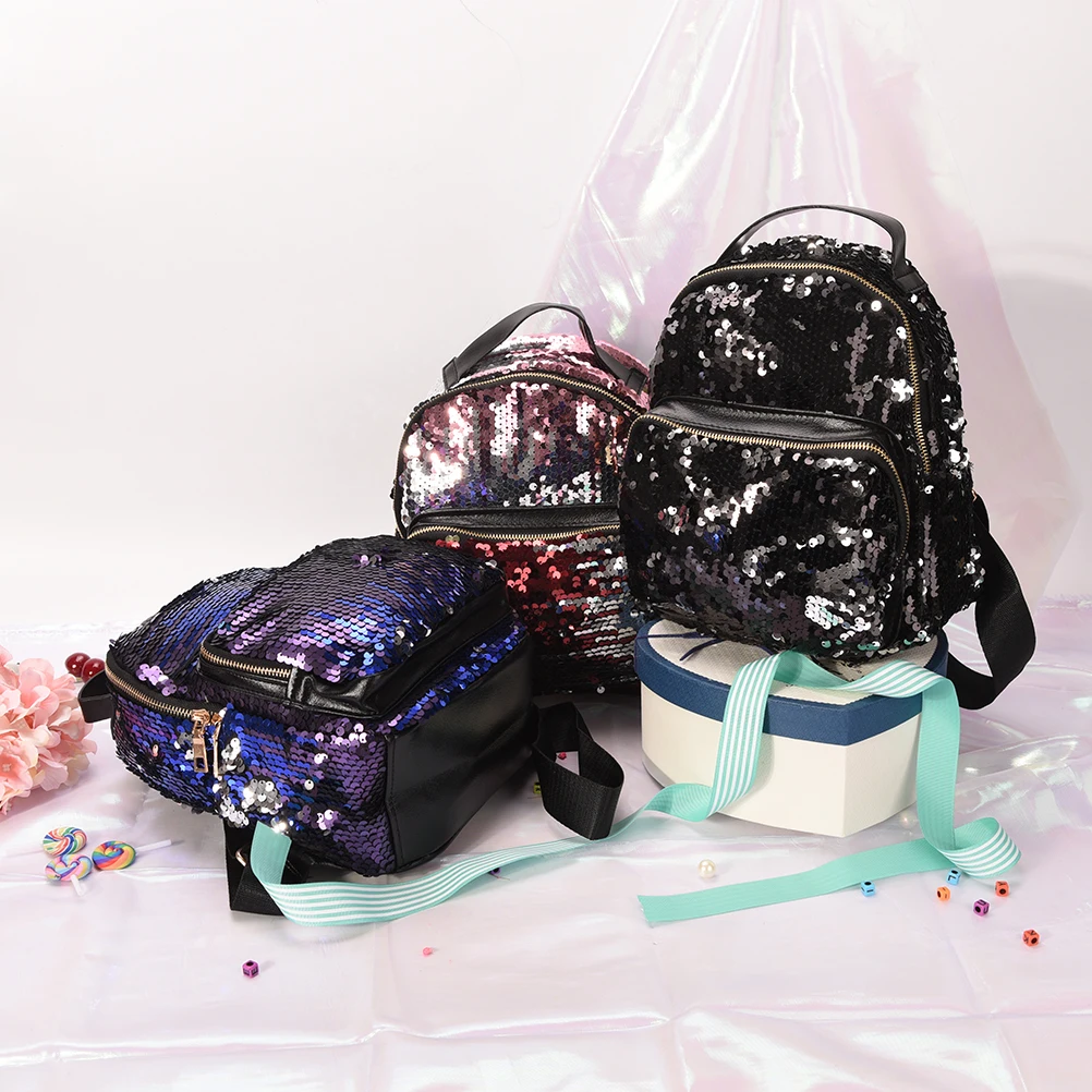 

Women All-match Bag PU Leather Sequins Backpack Girls Small Travel Princess Bling Backpacks 3 Colors